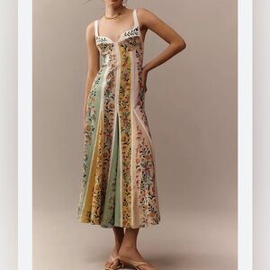 FARM Rio Delicate Floral stripes Linen Blend Maxi Dress embroidery
